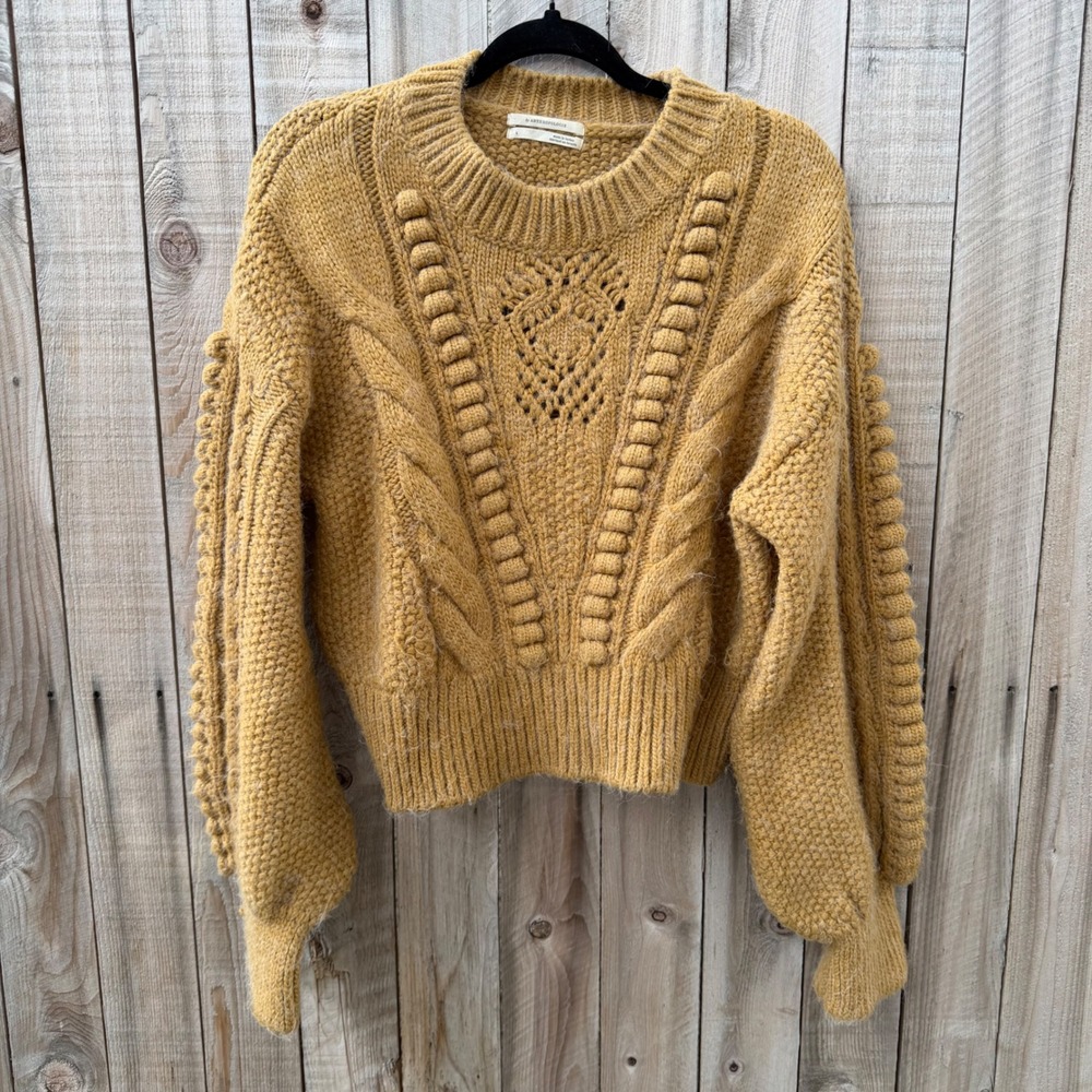 Anthropologie Mustard Bobble Cable Knit Balloon Sleeve Sweater Cottagecore Boho
